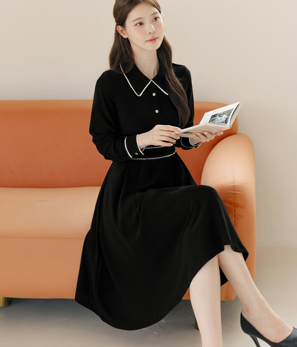 Black Flare Dress with Lace-Trimmed Collar and Enamel Button Detail