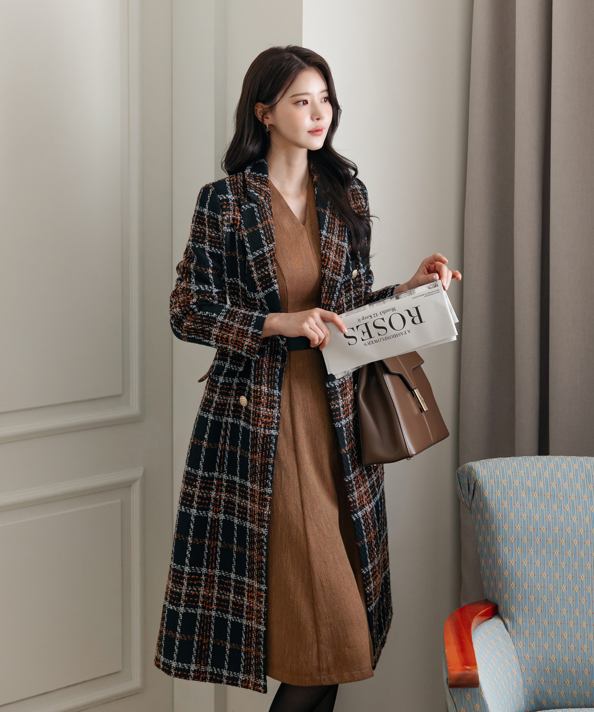 Elegant Tweed Check Coat for Women