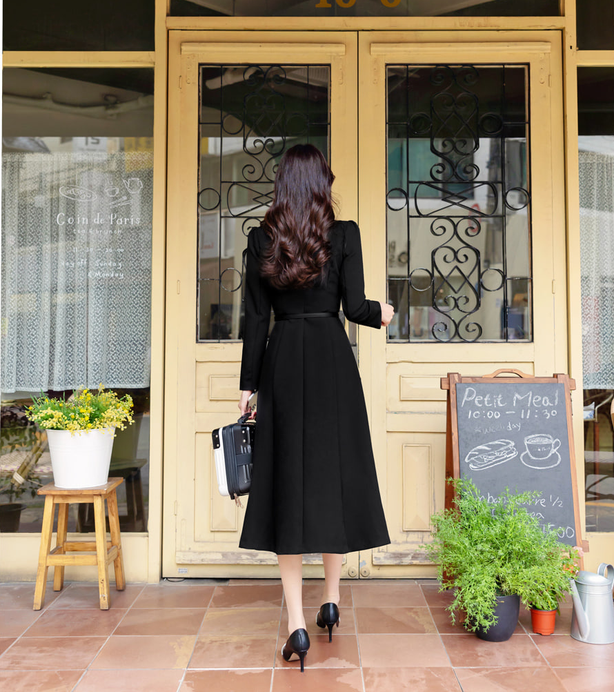 Flare Dress with Small Shawl Collar, Contrast Trim, and Button-Front Closure