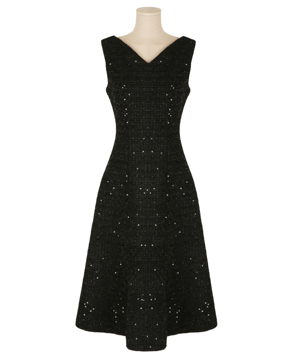Sequin Tweed Sleeveless Dress with Wide Shoulders and Subtle Shine