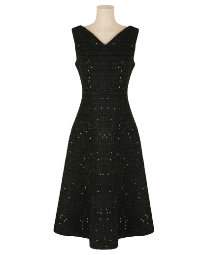 Sequin Tweed Sleeveless Dress with Wide Shoulders and Subtle Shine