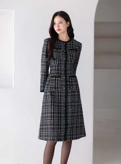 Elegant Contrast Tweed Dress Black