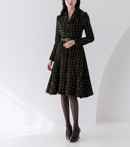 Elegant Tweed Flare Dress with Belted Waist and Gold‑Thread Detail