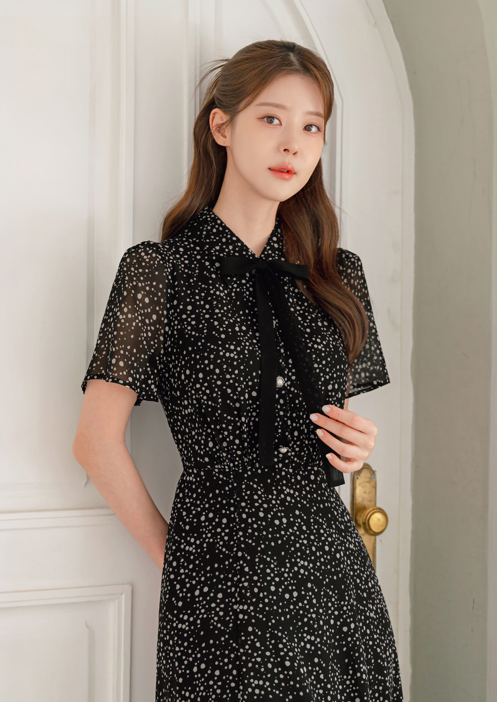 Romantic Chiffon Tie-Neck Dress with Graceful Dot Print
