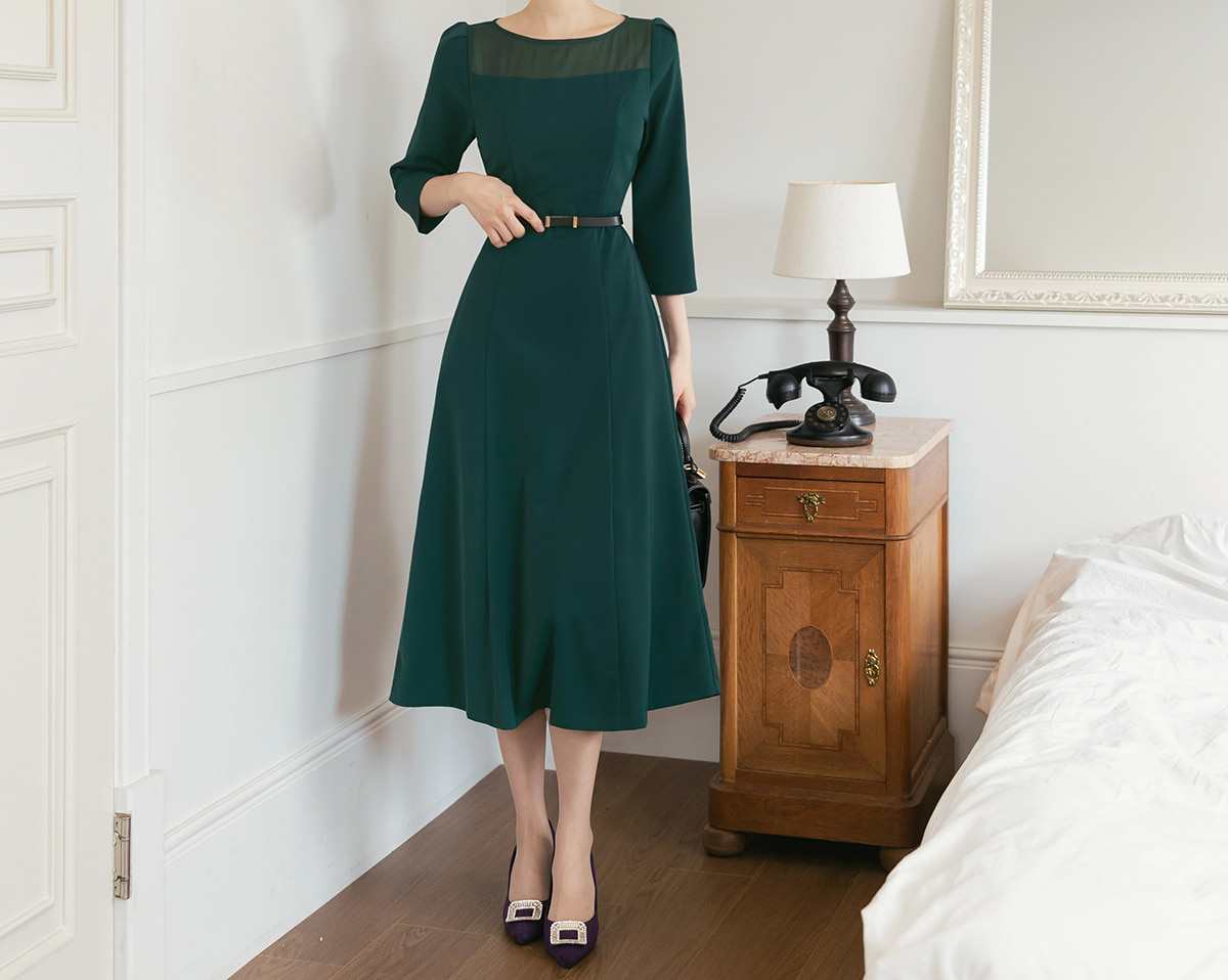 Elegant 3/4 Sleeve Belted Dress with Sheer Neckline Accent