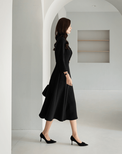 Classic black flare dress with collar and double-breasted buttons