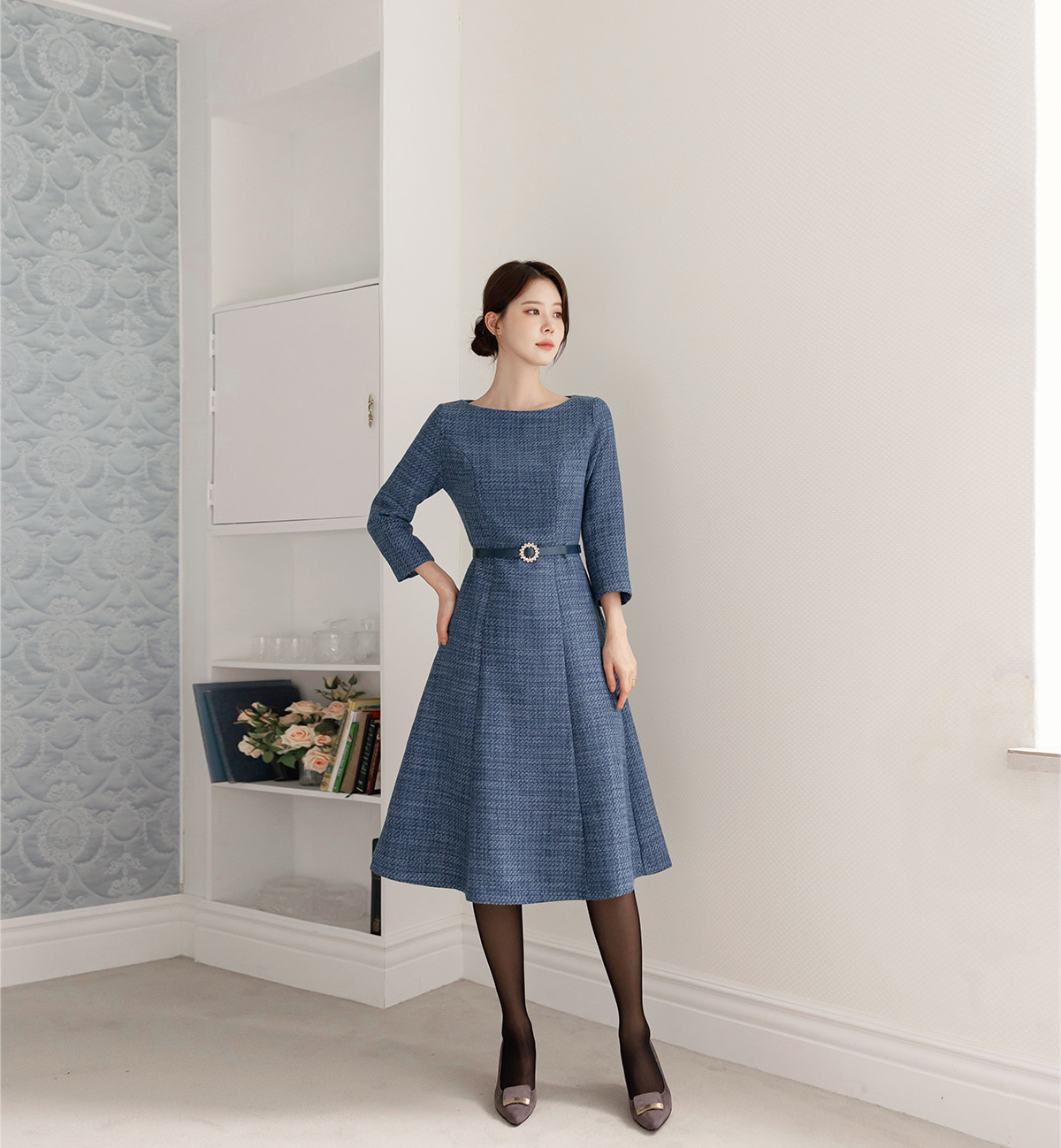 Feminine Boat Neck Blue Tweed Flare Dress with Belt