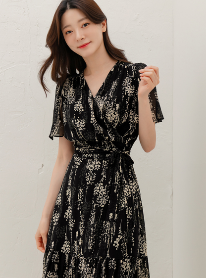Airy Floral Chiffon Dress with a Softly Defined Wrap Waist