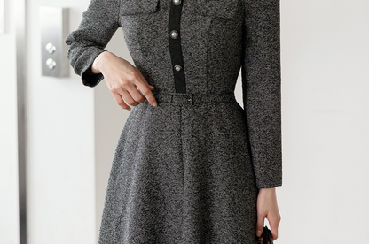 Classic Collar Elegant  Tweed Dress with Belt