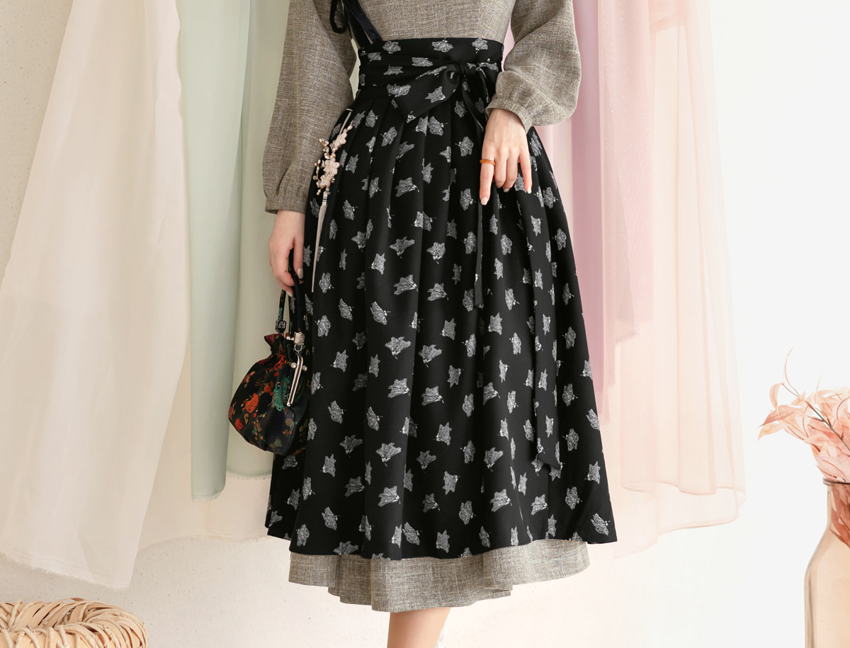 Patterned Black Modern Hanbok Wrap Skirt