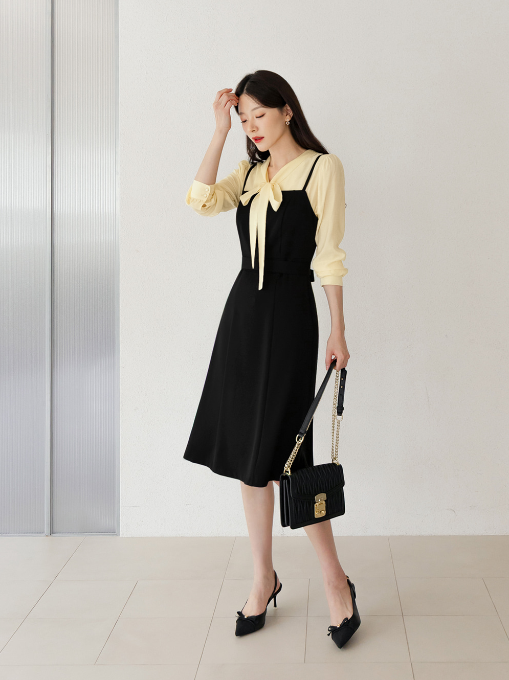 Fit-and-Flare Dress with Slim Straps, Structured Bodice, and Waist Belt