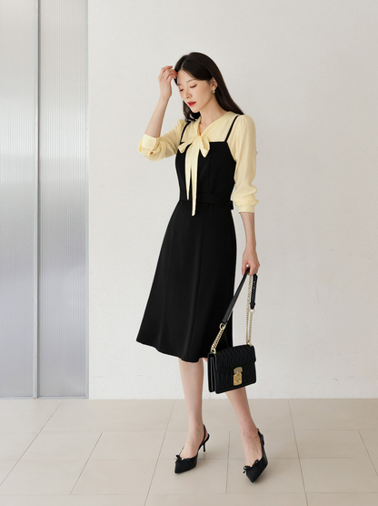 Fit-and-Flare Dress with Slim Straps, Structured Bodice, and Waist Belt