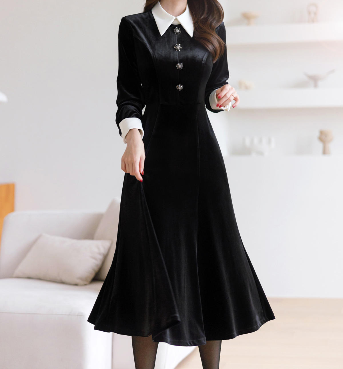 Velvet Flare Dress with Jewelry Buttons, White Collar & Cuffs