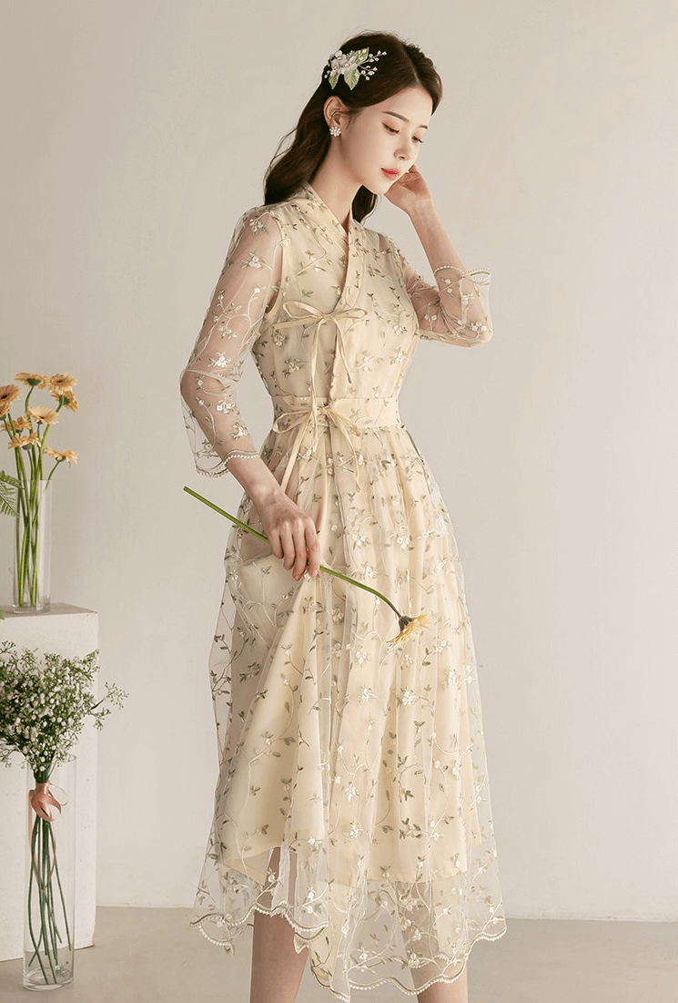 Floral Embroidered Lace Modern Wrap Hanbok Dress with a Romantic Touch