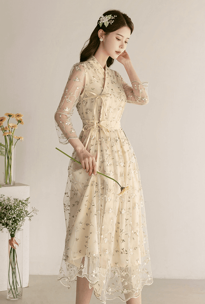 Floral Embroidered Lace Modern Wrap Hanbok Dress with a Romantic Touch
