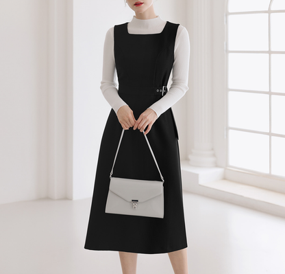 Square‑Neck Sleeveless A-Line Dress with Eyelet Buckle and Belted Waist