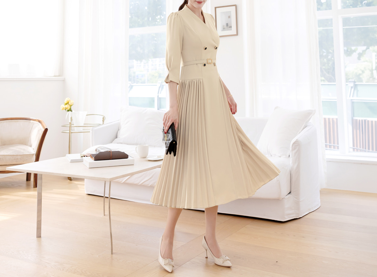 Elegant Double Buttoned Belted Dress with Side Pleats