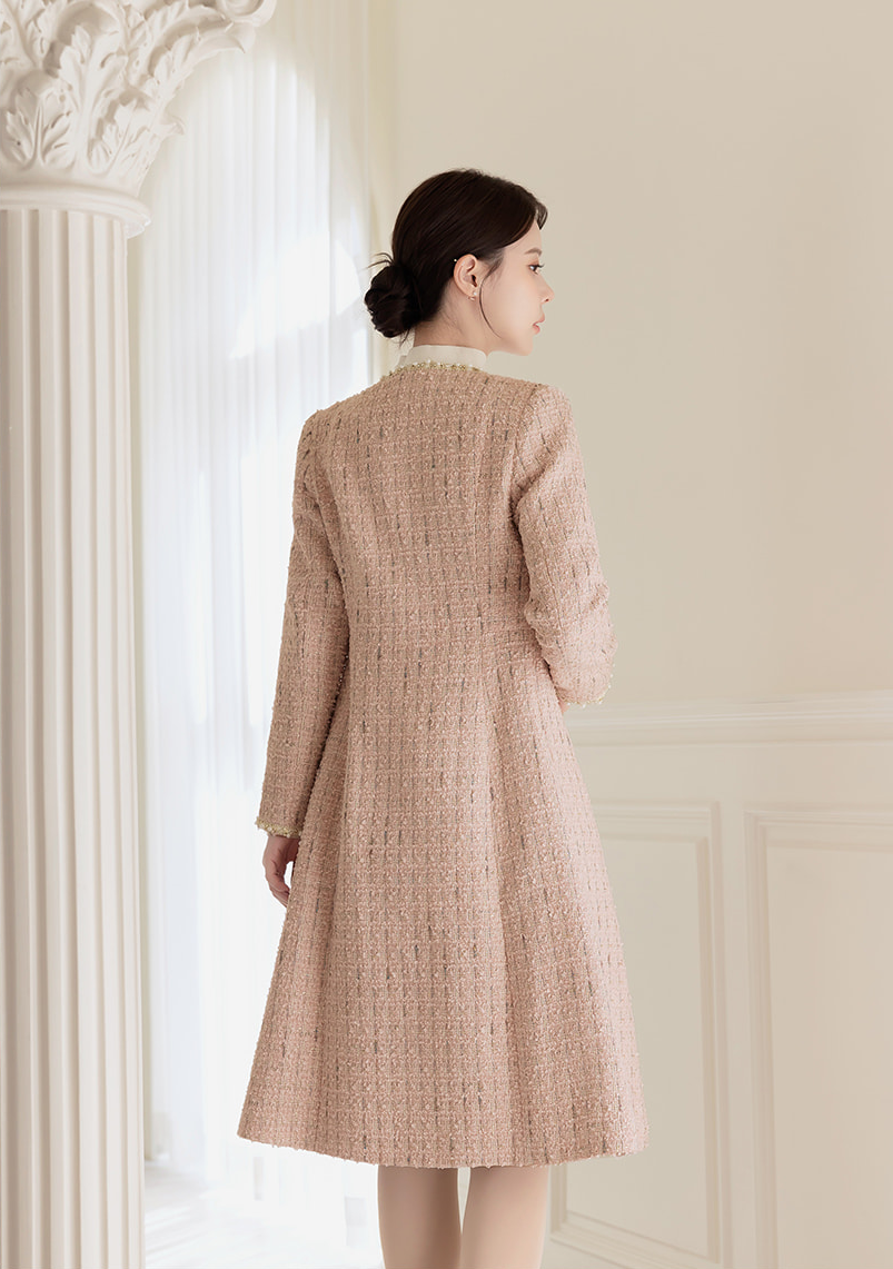 Elegant Long Tweed Jacket with Pearl Trimming