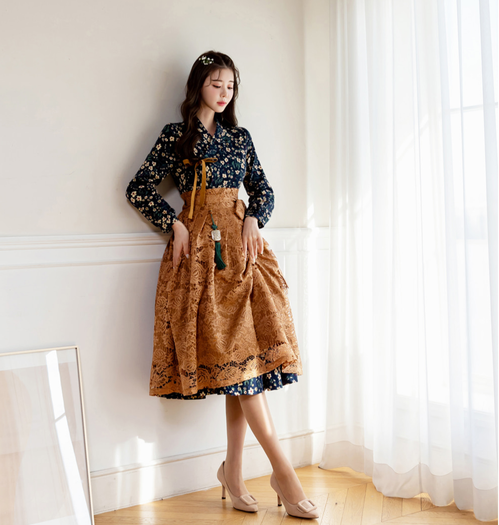 Brushed Fleece Modern Hanbok Wrap Dress with All-Over Small Floral Print