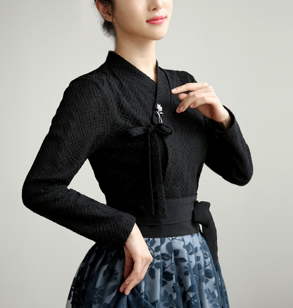 Punched Lace Modern Hanbok Blouse in Black