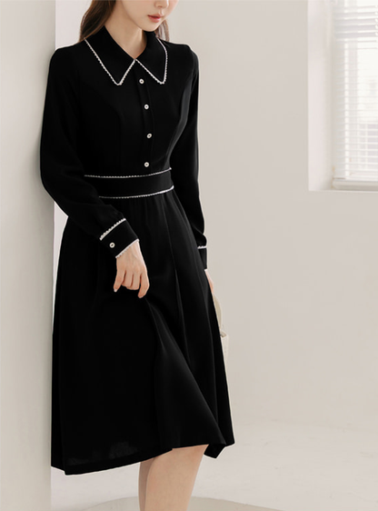 Black Flare Dress with Lace-Trimmed Collar and Enamel Button Detail