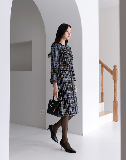 Elegant Contrast Tweed Dress Black