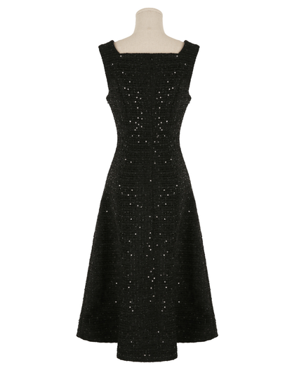 Sequin Tweed Sleeveless Dress with Wide Shoulders and Subtle Shine