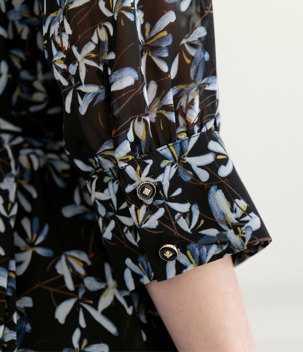Romantic Floral Chiffon Wrap Dress with Sheer Three-Quarter Sleeves