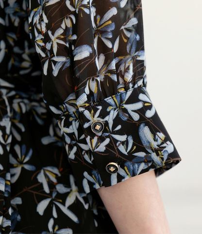 Romantic Floral Chiffon Wrap Dress with Sheer Three-Quarter Sleeves