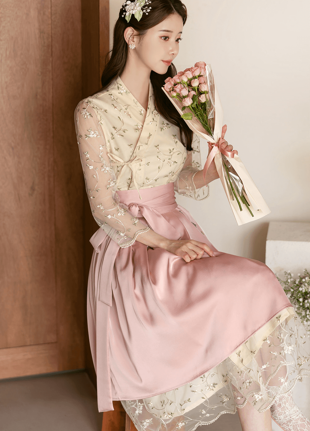 Floral Embroidered Lace Modern Wrap Hanbok Dress with a Romantic Touch
