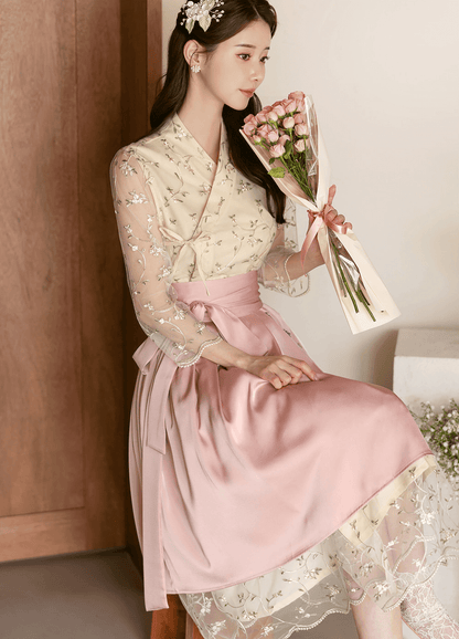 Floral Embroidered Lace Modern Wrap Hanbok Dress with a Romantic Touch