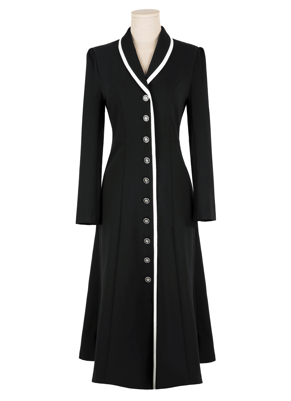 Flare Dress with Small Shawl Collar, Contrast Trim, and Button-Front Closure