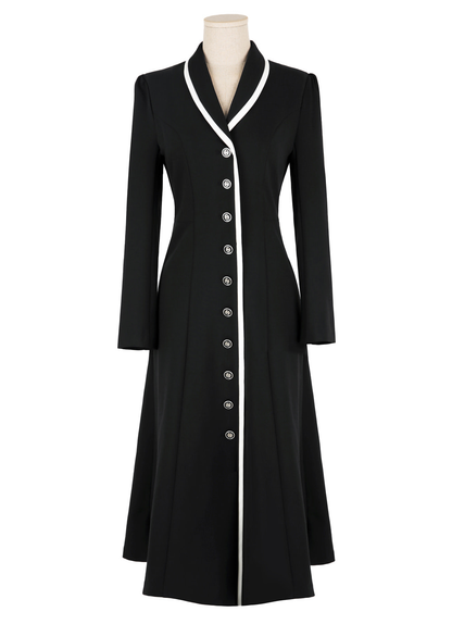 Flare Dress with Small Shawl Collar, Contrast Trim, and Button-Front Closure