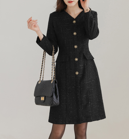 Pearl-Mix Tweed A-Line Dress with V-Neck and Decorative Flap Pockets