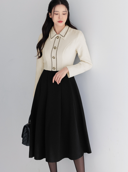 Elegant Two-tone Contrast Tweed Dress with Belt