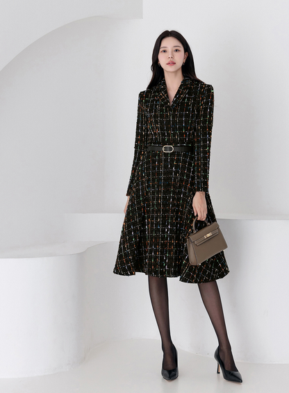 Elegant Tweed Flare Dress with Belted Waist and Gold‑Thread Detail