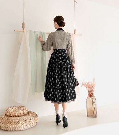 Patterned Black Modern Hanbok Wrap Skirt