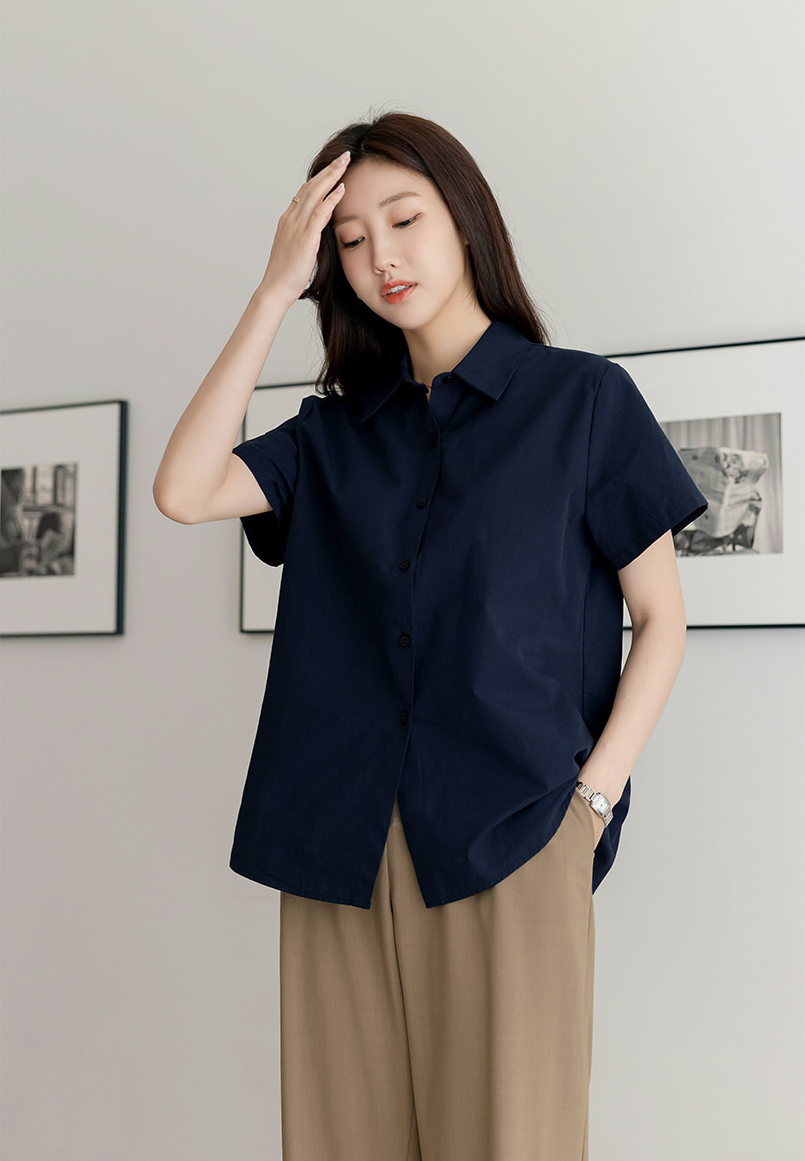 Basic Short Sleeve Cotton Shirt Blouse