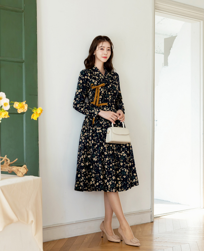 Brushed Fleece Modern Hanbok Wrap Dress with All-Over Small Floral Print