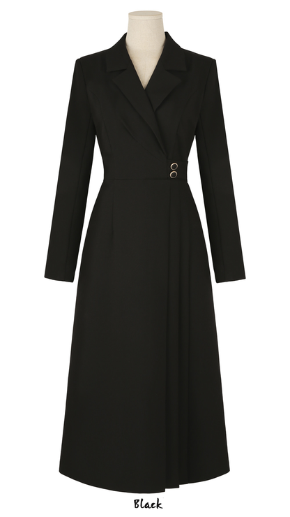 Half Pleated Midi Dress with Waist Button Detail – Elegant Korean Formal Dress for Special Occasions