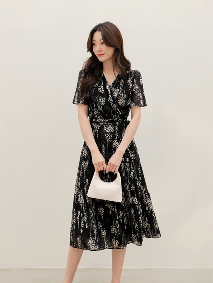 Airy Floral Chiffon Dress with a Softly Defined Wrap Waist
