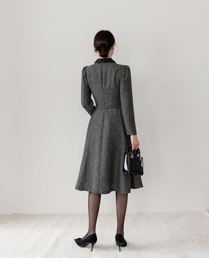 Classic Collar Elegant  Tweed Dress with Belt