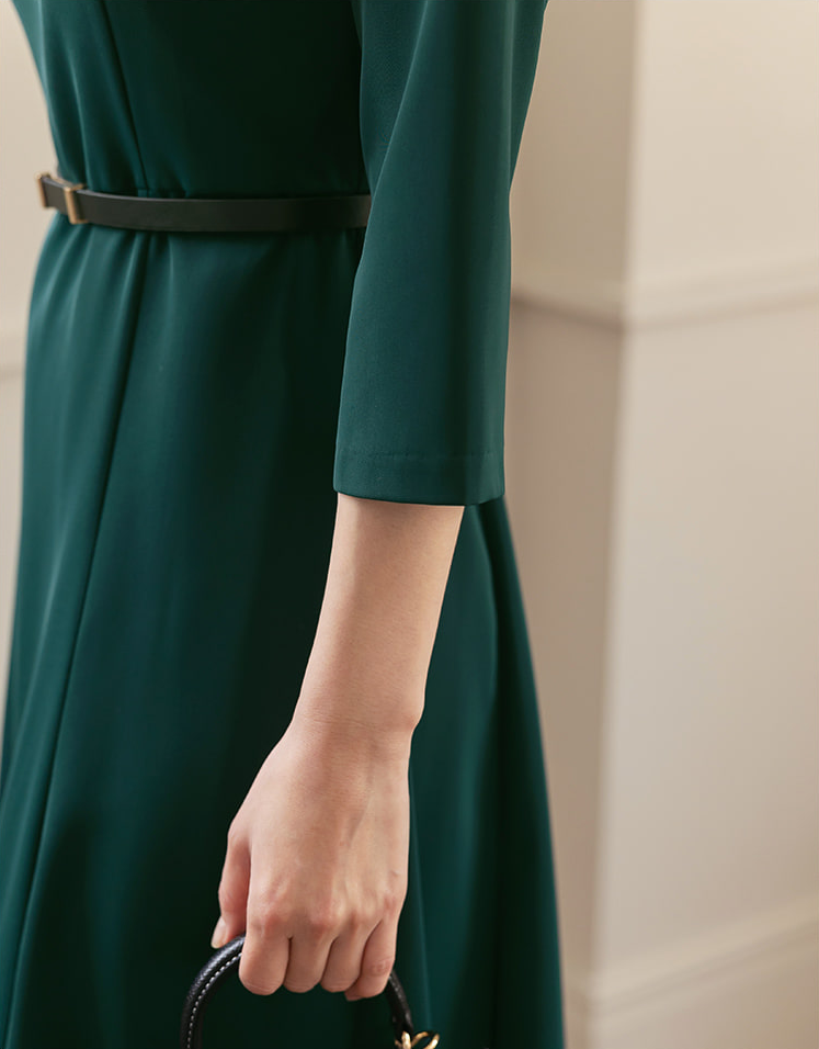 Elegant 3/4 Sleeve Belted Dress with Sheer Neckline Accent