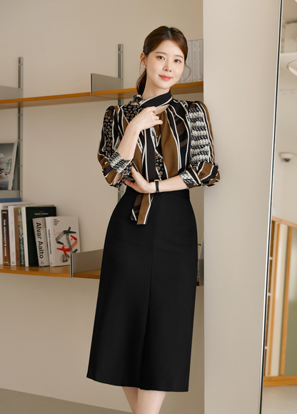 Refined Tie-Neck Blouse with an Artistic Print