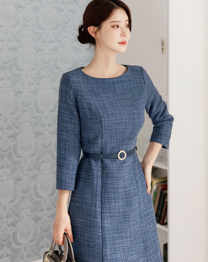 Feminine Boat Neck Blue Tweed Flare Dress with Belt