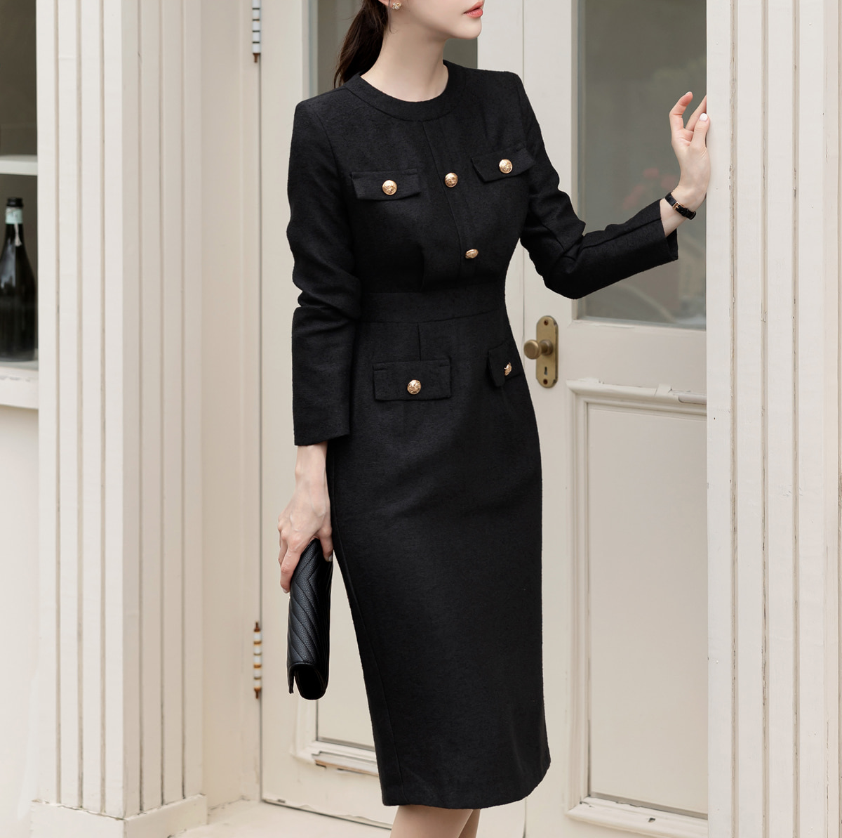 Elegant Black/Beige Tweed Sheath Dress