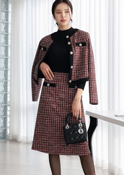 Elegant Tweed Skirt in Festive Wine Color