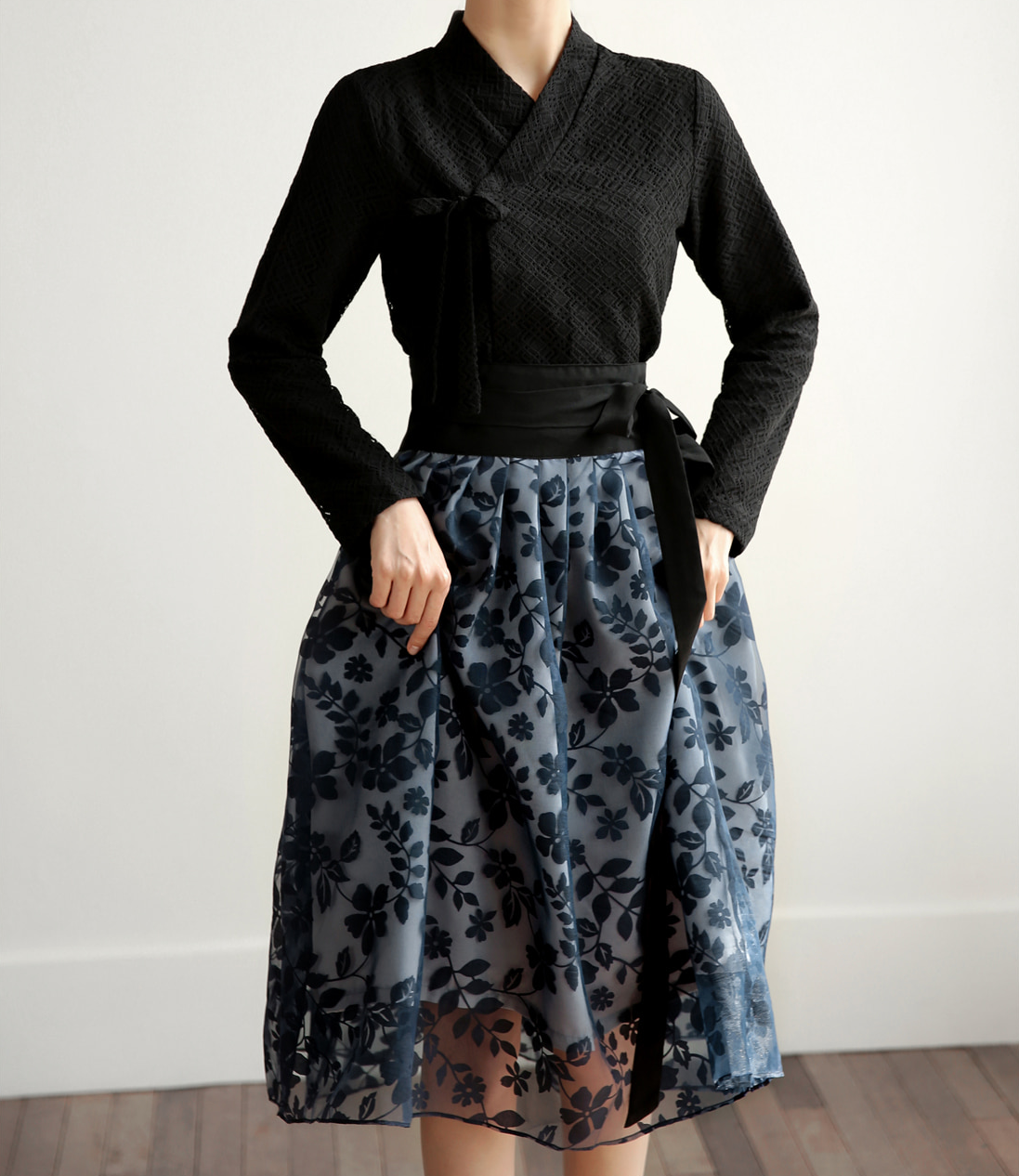 Punched Lace Modern Hanbok Blouse in Black