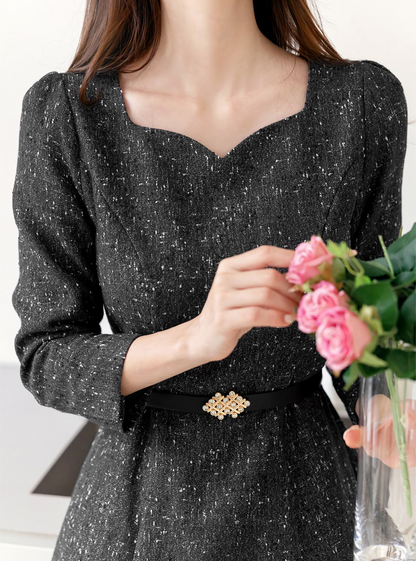 Elegant Heartneck Belted Flare Tweed Dress