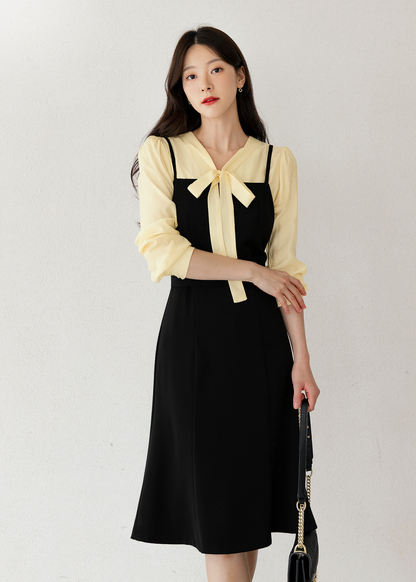 Fit-and-Flare Dress with Slim Straps, Structured Bodice, and Waist Belt